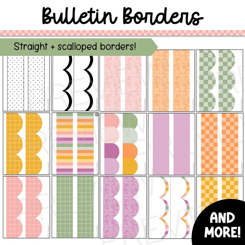 May include: A set of printable bulletin board borders with straight and scalloped edges. The borders feature various patterns, including polka dots, stripes, checkered, and floral designs in pink, green, orange, and yellow.