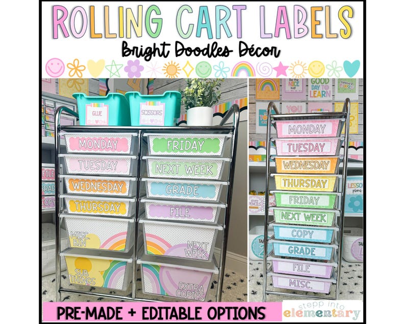 Bright Doodles Rolling Cart Labels | Editable Teacher Organization ...