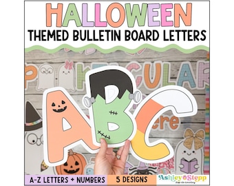 May include: Halloween-themed bulletin board letters in orange, green, and white. The letters A, B, and C are shown with a jack-o'-lantern, Frankenstein, and candy corn design. The text "HALLOWEEN THEMED BULLETIN BOARD LETTERS" is at the top.