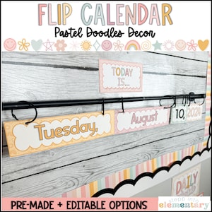 May include: A pastel-colored classroom calendar with a wooden background. The calendar has a black metal rod with clips to hold the cards. The cards are labeled with the days of the week, the month, and the date. The cards have a pastel pink, yellow, and blue color scheme with a doodle design. The text on the cards reads "Tuesday", "August", and "10, 2024". The text "PRE-MADE + EDITABLE OPTIONS" is at the bottom of the image.
