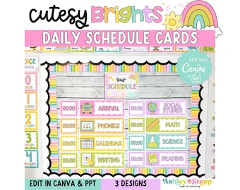 Horario diario con tarjetas y adornos brillantes y adorables / Editable / Decoración para el aula con colores pastel y brillantes