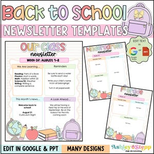 May include: Back to School Newsletter Templates. The image shows a selection of newsletter designs, including templates for 'Our Class', Kindergarten, and 1st Grade. The designs incorporate school-related illustrations and text fields.