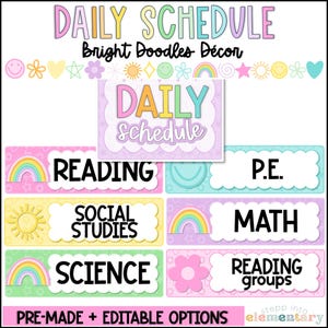 Bright Doodles Daily Schedule Display & Cards | Editable | Trendy + Simple Bright Classroom Decor