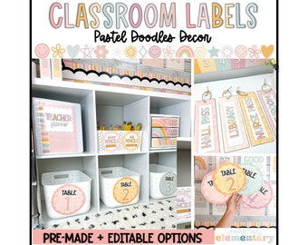 Pastel Doodles Classroom Labels Set | Teacher Organization | Trendy + Simple Pastel Classroom Decor