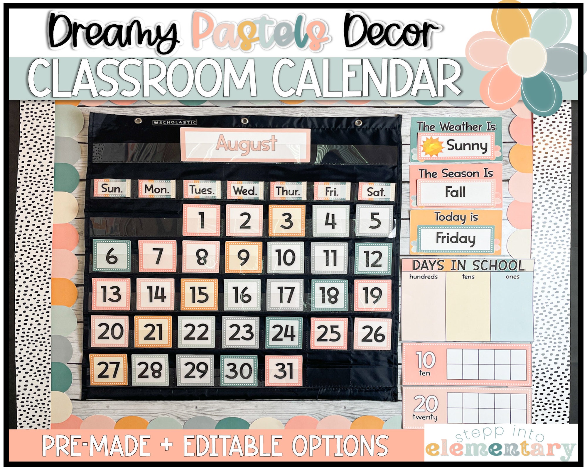 Dreamy Pastels Classroom Calendar Set | Pocket Chart | Trendy + Pastel Classroom Decor | Calendar Set Display