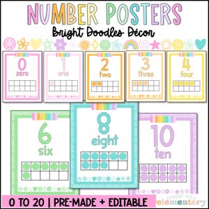 Bright Doodles Number Posters | Number Posters 0-20 | Math Posters | Trendy + Simple Bright Classroom Decor