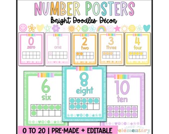 May include: A set of colorful number posters with a rainbow border and a ten frame for each number. The posters are labeled with the number and the word for the number. The numbers 0 through 10 are shown. The posters are labeled "0 to 20 | Pre-Made + Editable".