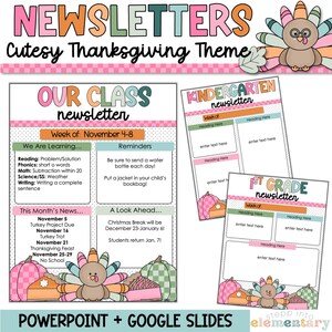 Könnte beinhalten: Ein Satz von drei druckbaren Thanksgiving-Newslettern für Kindergarten, erste Klasse und ein allgemeines Klassenzimmer. Jeder Newsletter zeigt eine niedliche Truthahn-Illustration und Platz für Text. Der Text enthält "Woche des", "Überschrift hier" und "Text hier eingeben".