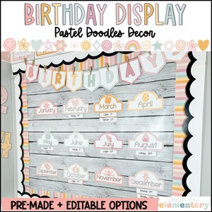 Pastel Doodles Student Birthday Display | Student Birthdays | Bulletin Board | Trendy + Simple Pastel Classroom Decor