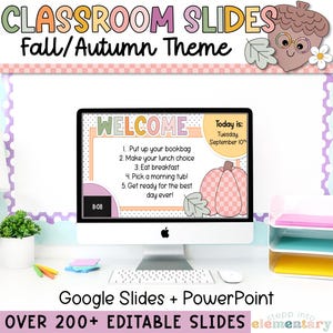 Puede incluir: Una pantalla de ordenador que muestra una diapositiva de bienvenida con un tema de otoño. La diapositiva tiene una calabaza, una bellota y el texto "Bienvenido" en una fuente colorida. La diapositiva también incluye una lista de cinco cosas que hacer, como "Poner tu mochila" y "¡Prepárate para el mejor día de todos!" El texto "Hoy es: Martes, 10 de septiembre" también está en la diapositiva. Los textos "Google Slides + PowerPoint" y "Más de 200 diapositivas editables" se muestran debajo de la pantalla del ordenador.