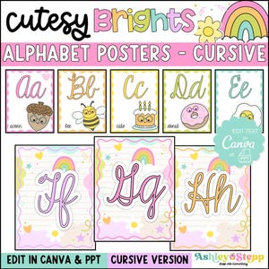 Cutesy Brights 筆記体アルファベットポスター | 筆記体アルファベット | 編集可能 | 明るくパステルカラーの教室装飾