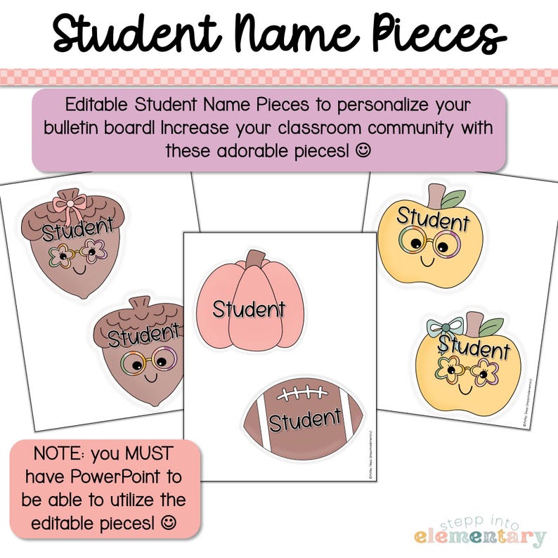 May include: Editable student name pieces for a classroom bulletin board. The pieces feature various fall-themed designs, including acorns, pumpkins, apples, and footballs. Each piece has a smiling face with glasses and the word "Student" written on it.