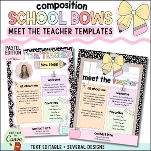 May include: Two editable Meet the Teacher templates featuring a black and white composition notebook pattern border, pastel accents, and a yellow pencil bow graphic. The text includes headings like All About Me, Welcome, Favorites, and Contact Info.
