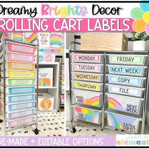 Dreamy Brights ローリングカート ラベル | 教師用カート | 教室の整理 | 編集可能 | トレンディで明るい教室の装飾