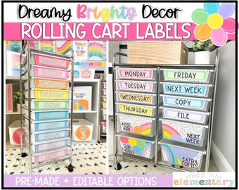 Dreamy Brights Rolling Cart Labels | Teacher Cart | Classroom Organization | Editable | Trendy + Bright Classroom Decor