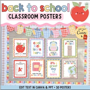 May include: A set of eight rectangular classroom posters featuring colorful illustrations of school supplies like an apple, backpack, ruler, and globe. The posters include text such as 'you belong here', 'cool kids learn here', and 'ready for new adventures'.