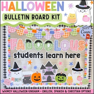Peut inclure: Un kit de tableau d'affichage Halloween avec le texte HALLOWEEN BULLETIN BOARD KIT, FABOOLOUS students learn here, et edit name pieces in Canva & PPT. Inclut des fantômes en vichy coloré, des citrouilles, un manoir et des bonbons.