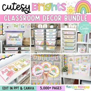 Op de afbeelding: Een klaslokaal decoratiepakket met de tekst "cutesy Brights" en "CLASSROOM DECOR BUNDLE". De afbeelding toont verschillende klaslokaalorganisatie-items, waaronder labels, opbergbakken en alfabetkaarten. De bundel bevat meer dan 5.000 pagina's.