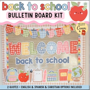 Pode incluir: Um kit de mural para volta às aulas com uma faixa de maçãs e lápis xadrez coloridos. O texto diz "WELCOME back to school". Os recortes decorativos incluem uma mochila, uma maçã, uma prancheta, um giz de cera e um globo terrestre.