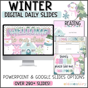 May include: A digital classroom resource for teachers featuring winter-themed slides with a welcome sign, snowman, and house illustrations. The slides are designed for use with PowerPoint and Google Slides and include over 280 slides.