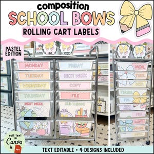 May include: A metal rolling cart with multiple drawers featuring pastel-coloured labels for school organisation. The labels display days of the week and classroom categories with bow and pencil graphics. Text includes "COMPOSITION SCHOOL BOWS".