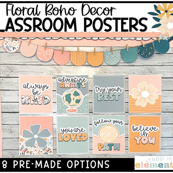 Floral Boho Bulletin Board Kit | Inspirational Classroom Posters | Boho Classroom Decor