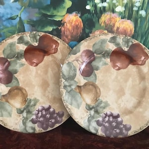 Puede incluir: Dos platos decorativos de cerámica con diseño de frutas. Cada plato presenta ilustraciones de peras, uvas y hojas en tonos marrón, verde y morado sobre un fondo beige. Los platos son redondos y tienen un borde decorativo.