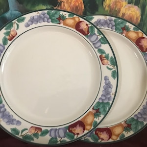 May include: Two white ceramic plates with a decorative border featuring grapes, apples, and pears in shades of purple, red, and yellow. The border is outlined with a green trim. The plates are suitable for serving food.