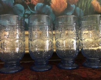 4 Vintage Light Blue 5.5 Inches Decorated Christmas Tree Design Pedestal Drinking Glasses