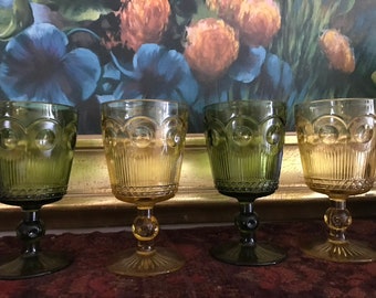 4 Vintage Green And Gold Intricate design Pedestal Drinking Glasses