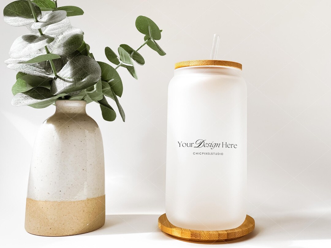 Frosted Glass Can Cup Mockup. Tumbler Mockup W/bamboo Lid & Straw