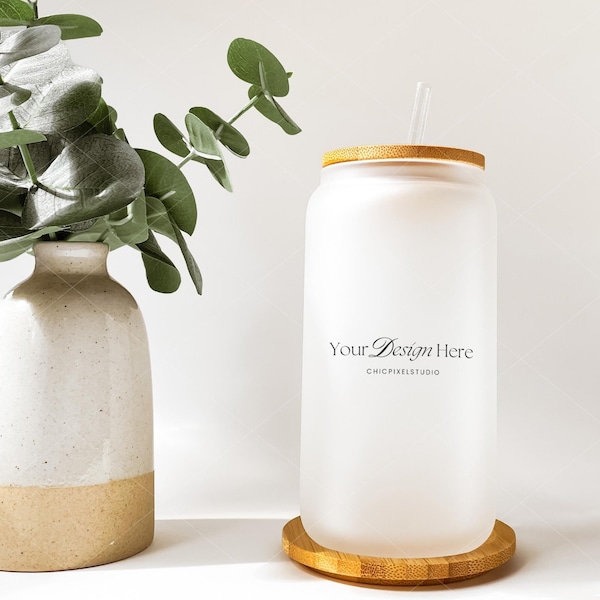 Frosted Glass Can Cup Mockup. Tumbler Mockup w/bamboo lid & straw. Sublimation Cup Mockup. Frosted Glass Mockup. JPG/PSD. Instant Download