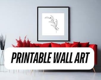 Minimalist Botanical Line Art Print - 36x36 Wall Art, Instant Download, Printable Home Decor, Black and White Line Art