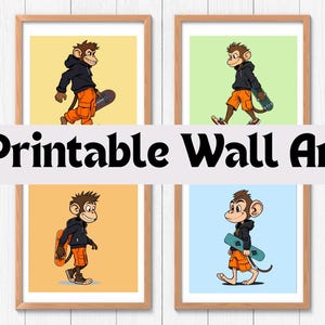 Cool Monkey Skateboard Printable Wall Art, Instant Download Digital Art for Kids Room Decor, Fun Animal Wall Art for Boys