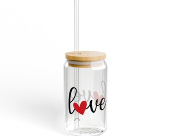 16oz Love Print Sipper Glass with Bamboo Lid & Straw - Stylish BPA Free Drinkware