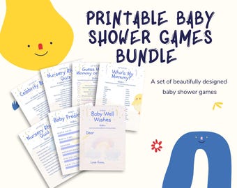 May include: A set of printable baby shower games with colorful illustrations. The games include "Celebrity Baby", "Nursery Rhyme Quiz", "Guess Mommy or Daddy", "Who's My Mommy", "Baby Predictions", and "Baby Well Wishes".