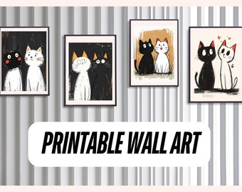 猫のカップルのアートプリント、白黒、ロマンチックなイラスト
