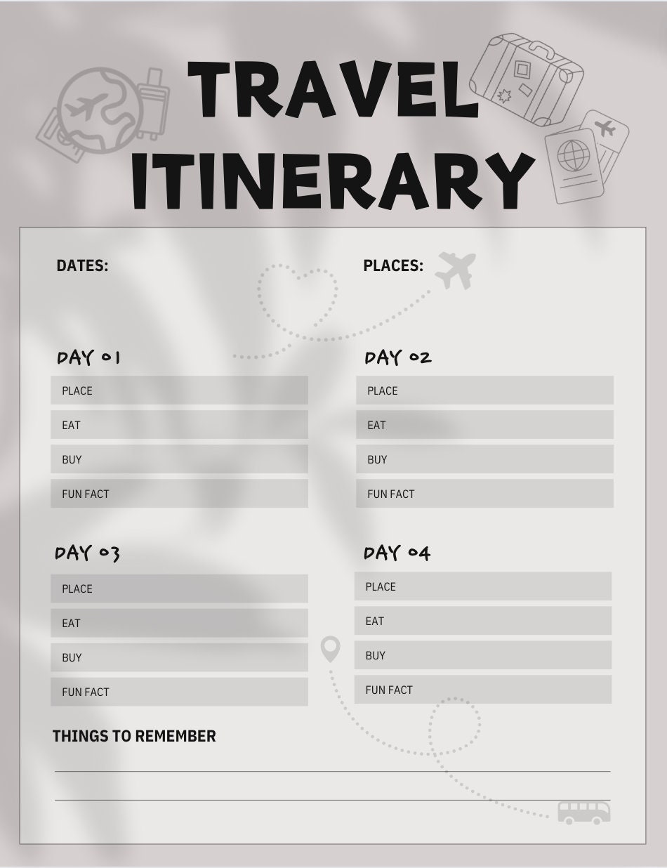 Printable Travel Itinerary Page | Instant Download 4-day Vacation ...