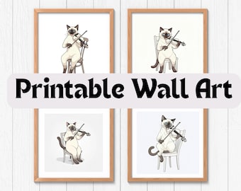 Arte de pared imprimible con un gato tocando el violín: descarga instantánea / Juego de 4 decoraciones extravagantes con animales