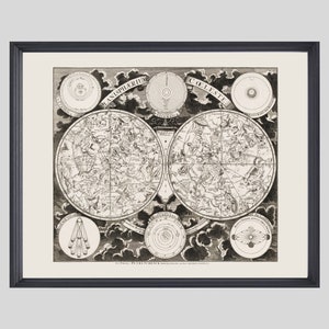 DRUCKBARE WANDKUNST: Vintage Himmelskarte mit Nord- und Südkonstellationen aus den 1700er Jahren von Pieter Schenk.  Mehrere Größen. Sofort Download