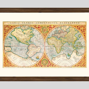 Weltkarte Wand Kunst: Antike Doppel Hemisphäre Weltkarte Digitaldruck aus dem 16.Jahrhundert von Gerard Mercator. 2 Farben Sofort Download