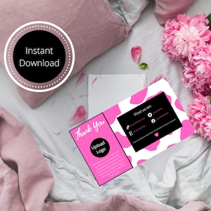 Roze koe print dank u visitekaartje, chique dierenprint klantnotitie invoegen, bedankt voor uw aankoop, bewerkbare tekst, geen Pro-versie
