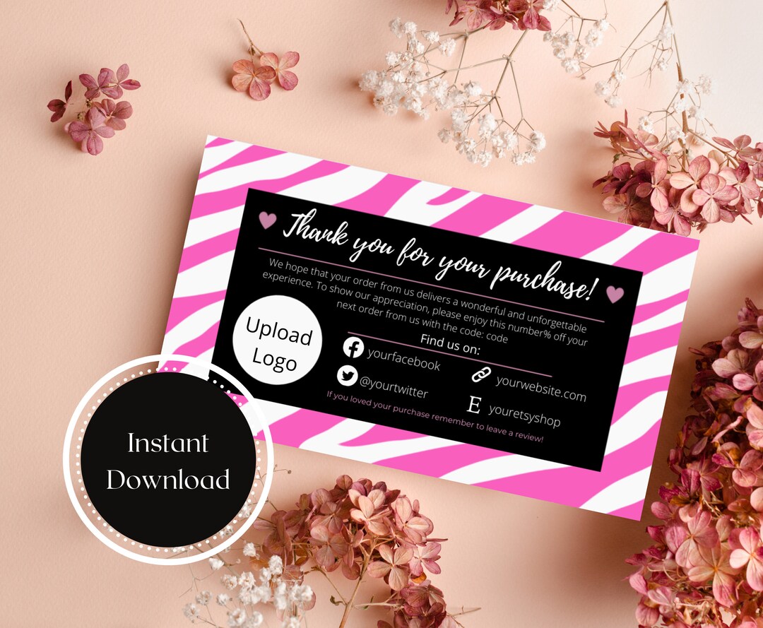 Pink Zebra Thank You Business Card Animal Print Customer Etsy