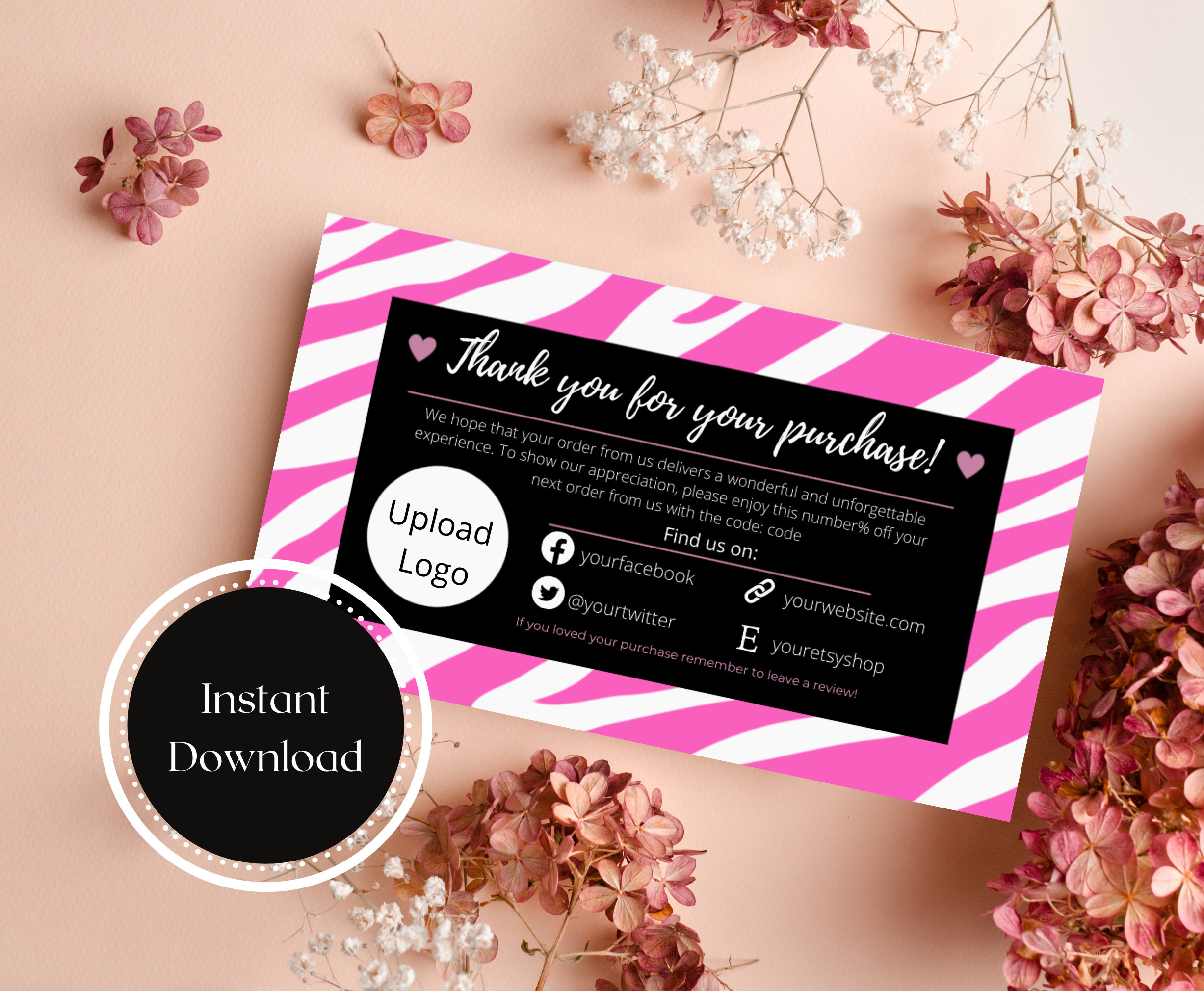 Pink Zebra Thank You Business Card Animal Print Customer Etsy