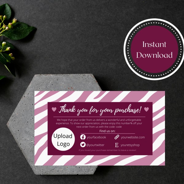 Velvet Pink Red Zebra Thank You Business Card, Animal Print Thank You For Your Purchase Customer Insert, Editable Template, None Pro Version