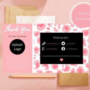 Pink Cheetah Thank You Business Card, Instant Digital Template Download, Thank You For Your Purchase Customer Note Insert, None Pro Version