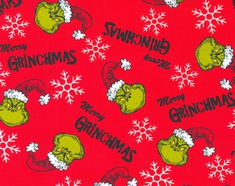 Dr. Seuss™ Merry Grinchmas on Red Cotton Fabric by the Yard