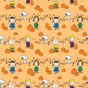 May include: A repeating pattern featuring cartoon characters, pumpkins, and autumn leaves on an orange background. The characters are dressed in various outfits, and the pumpkins are orange. The overall theme is fall and harvest.