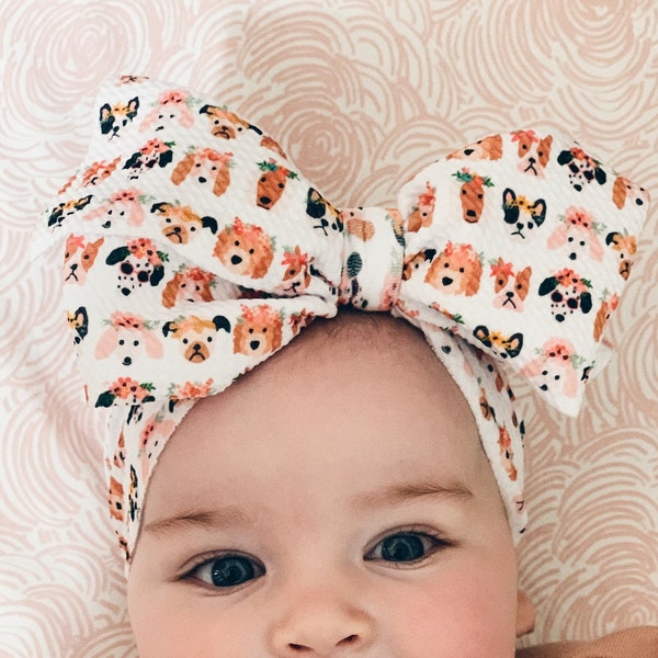 Bow with Dogs, Puppy Bow By The Honey Bows Baby Girl Head Wrap Big Bow with Dogs Puppy Bow
