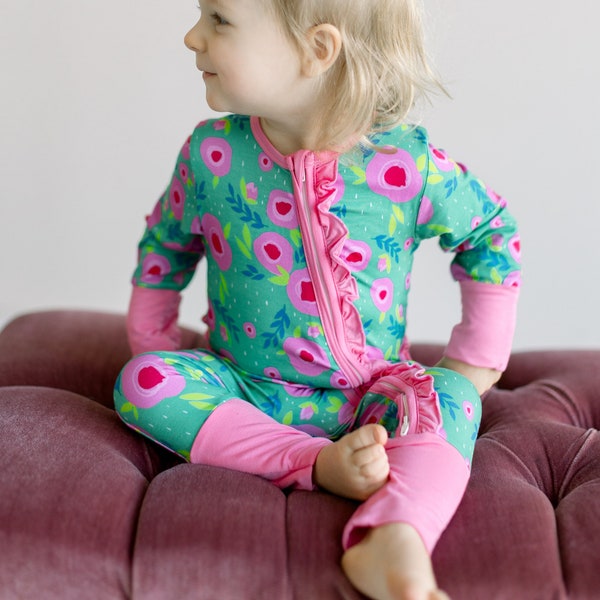 Bamboo Pajamas Floral Hot Pink And Green Girl PJ's Matching Set By The Honey Bows, Baby Bamboo PJ, Custom Bamboo Pajamas